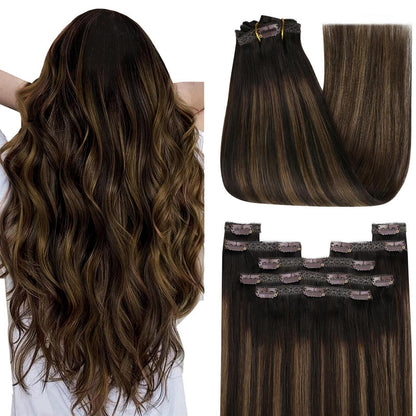 Clip-in Echthaar Extensions Ombre Dunkelbraun 55cm