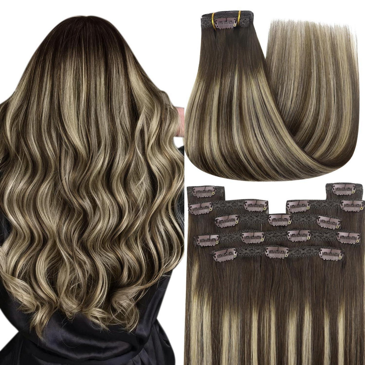 Clip-in Echthaar Extensions Ombre Dunkelbraun-Blond 30cm
