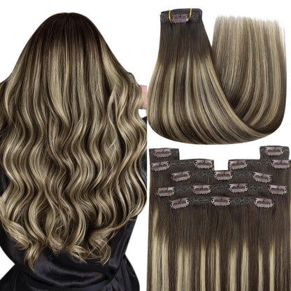 Clip-in Echthaar Extensions Ombre Dunkelbraun-Blond 30cm