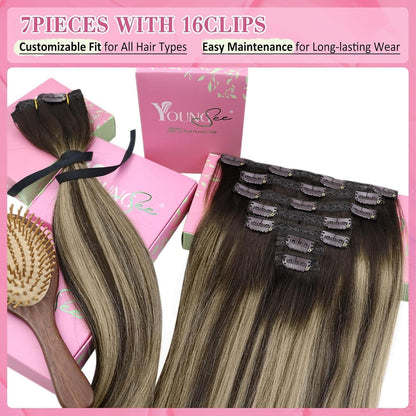 Clip-in Echthaar Extensions Ombre Dunkelbraun-Blond 30cm