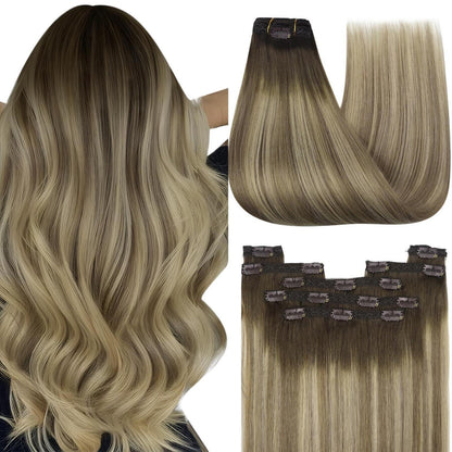 Echthaar Clip-in Extensions Braun Balayage 55 cm