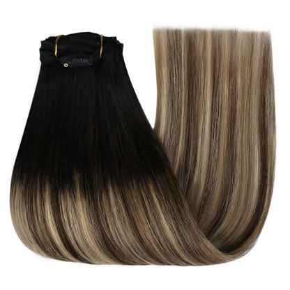 Clip-in Echthaar Extensions Balayage Schwarz Braun Blond