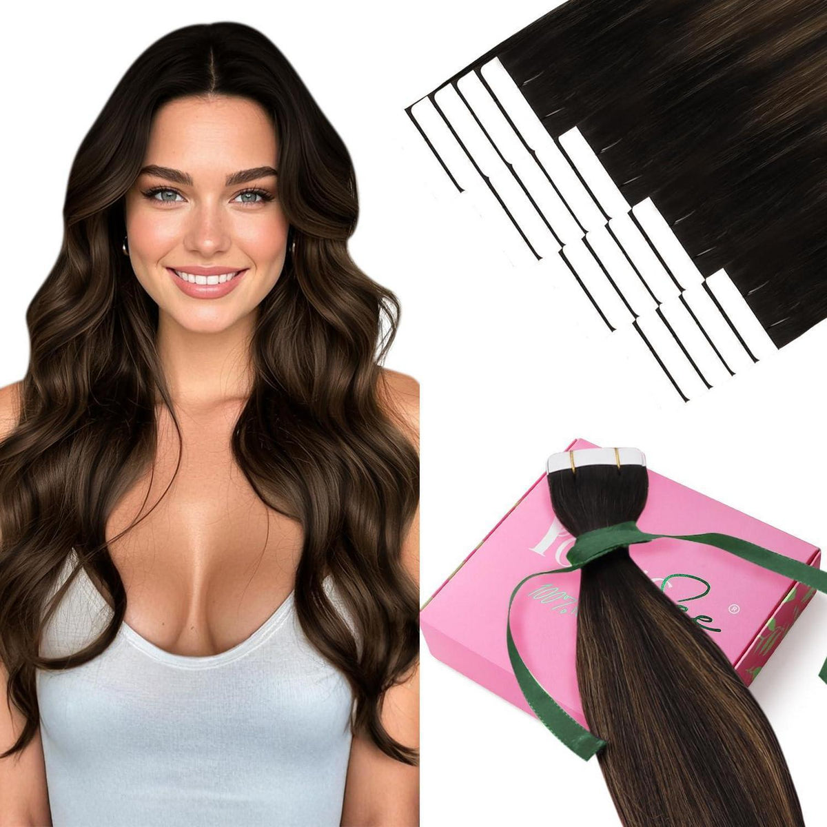 Echthaar Tape Extensions Ombre Dunkelbraun Mittelbraun 45cm