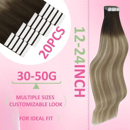 Echthaar Tape Extensions Balayage Braun Blond 45cm