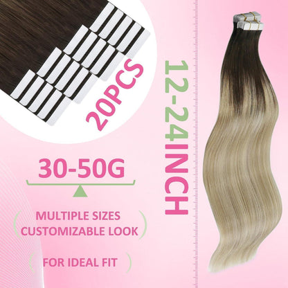 Echthaar Tape Extensions Balayage Dunkelbraun Ombre 40cm