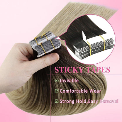 Echthaar Tape Extensions Balayage Dunkelbraun Ombre 40cm