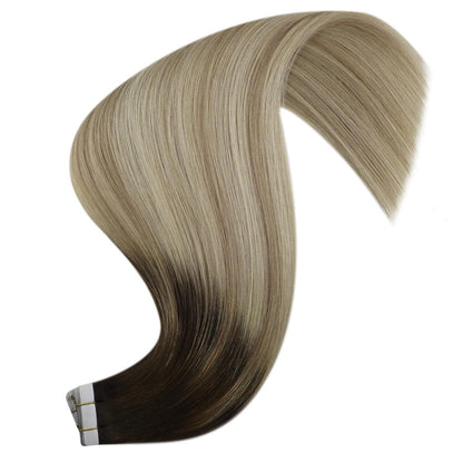 Echthaar Tape Extensions Balayage Dunkelbraun Ombre 40cm