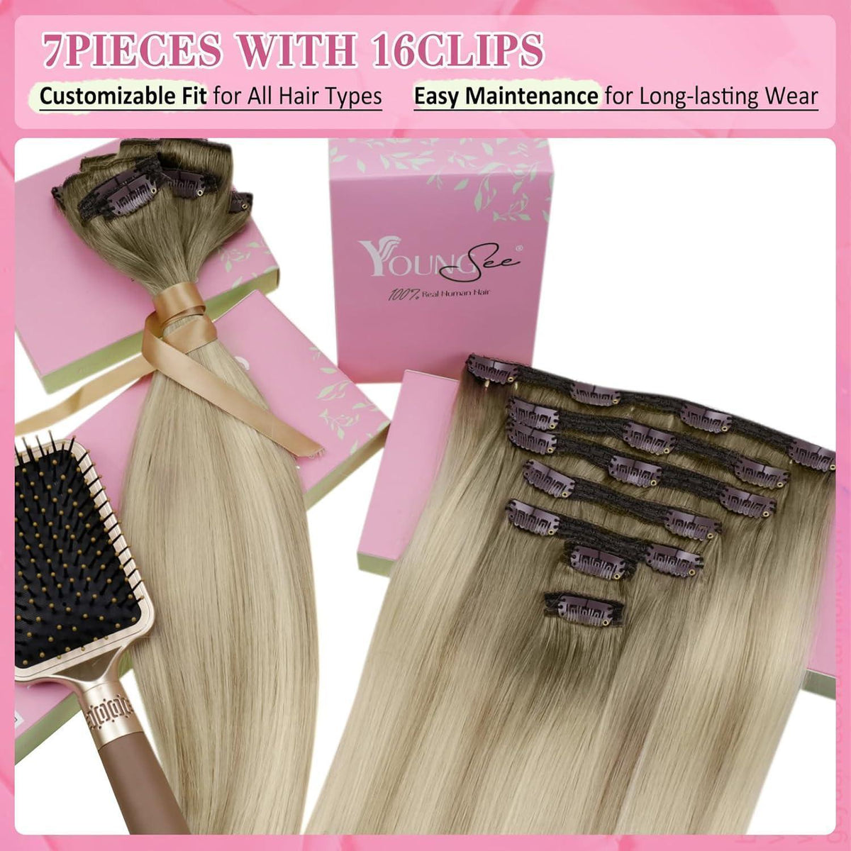Echthaar Clip-in Extensions Ombre Aschblond Platinblond 55cm