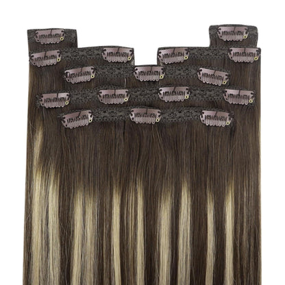 Clip-in Echthaar Extensions Ombre Dunkelbraun Blond 35cm