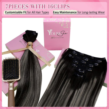 Clip-in Echthaar Extensions Ombre Schwarz Silber 30cm