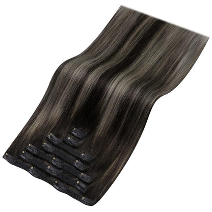 Clip-in Echthaar Extensions Ombre Schwarz Silber 30cm