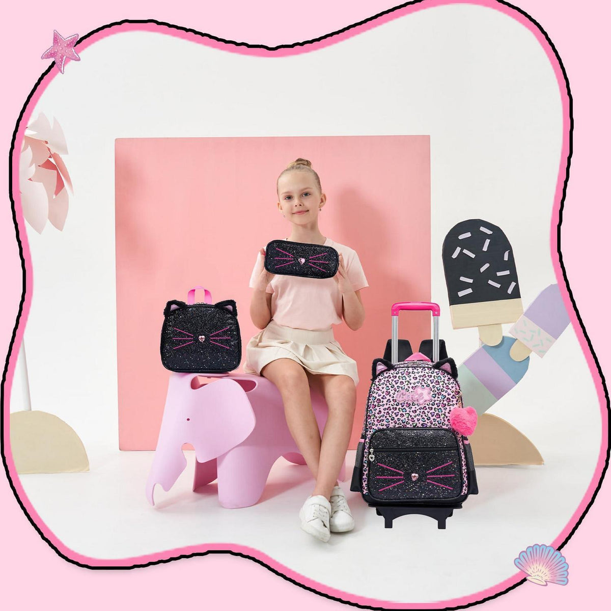Trolley Schulranzen Mädchen – Rucksack mit Rollen Schwarz Rosa Katzen