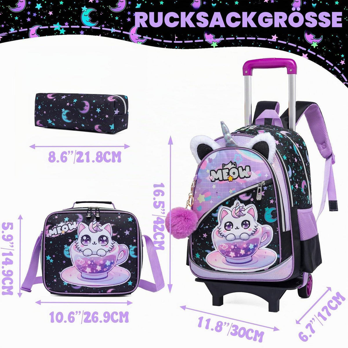 Trolley Schulranzen Mädchen Schwarz Lila Katzen – Set mit Lunchtasche