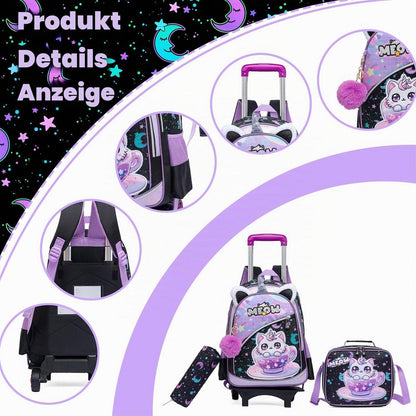 Trolley Schulranzen Mädchen Schwarz Lila Katzen – Set mit Lunchtasche