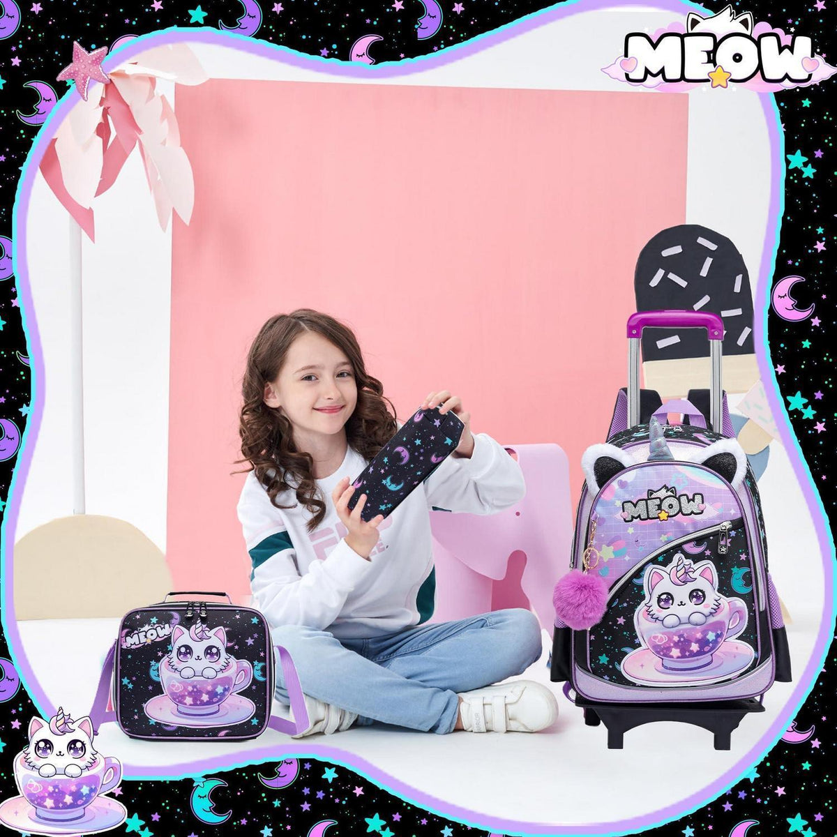 Trolley Schulranzen Mädchen Schwarz Lila Katzen – Set mit Lunchtasche