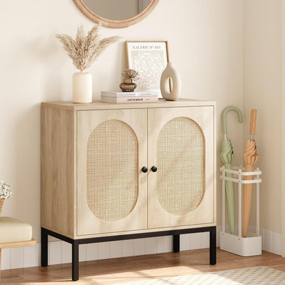 Rattan Sideboard mit 2 Türen & Verstellbarem Regal – Küchenschrank 80x40x83cm