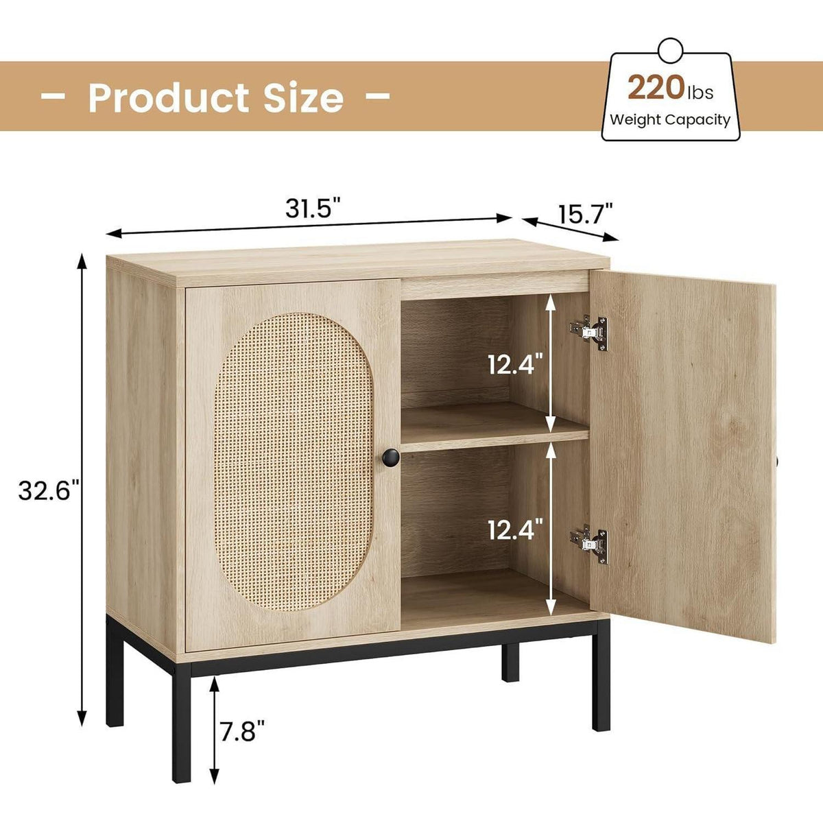 Rattan Sideboard mit 2 Türen & Verstellbarem Regal – Küchenschrank 80x40x83cm