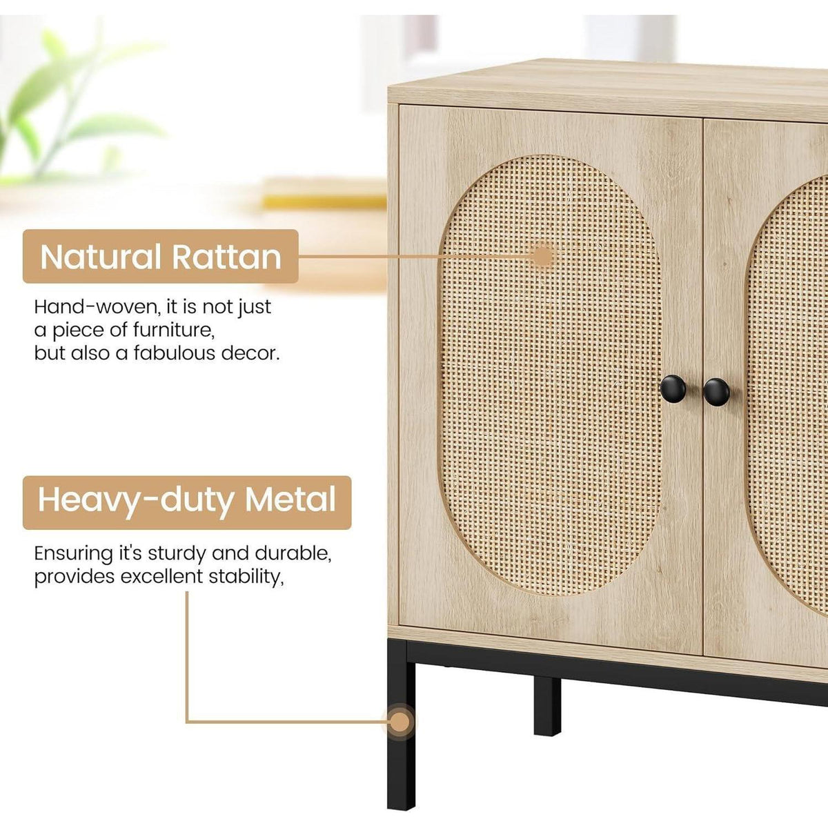 Rattan Sideboard mit 2 Türen & Verstellbarem Regal – Küchenschrank 80x40x83cm