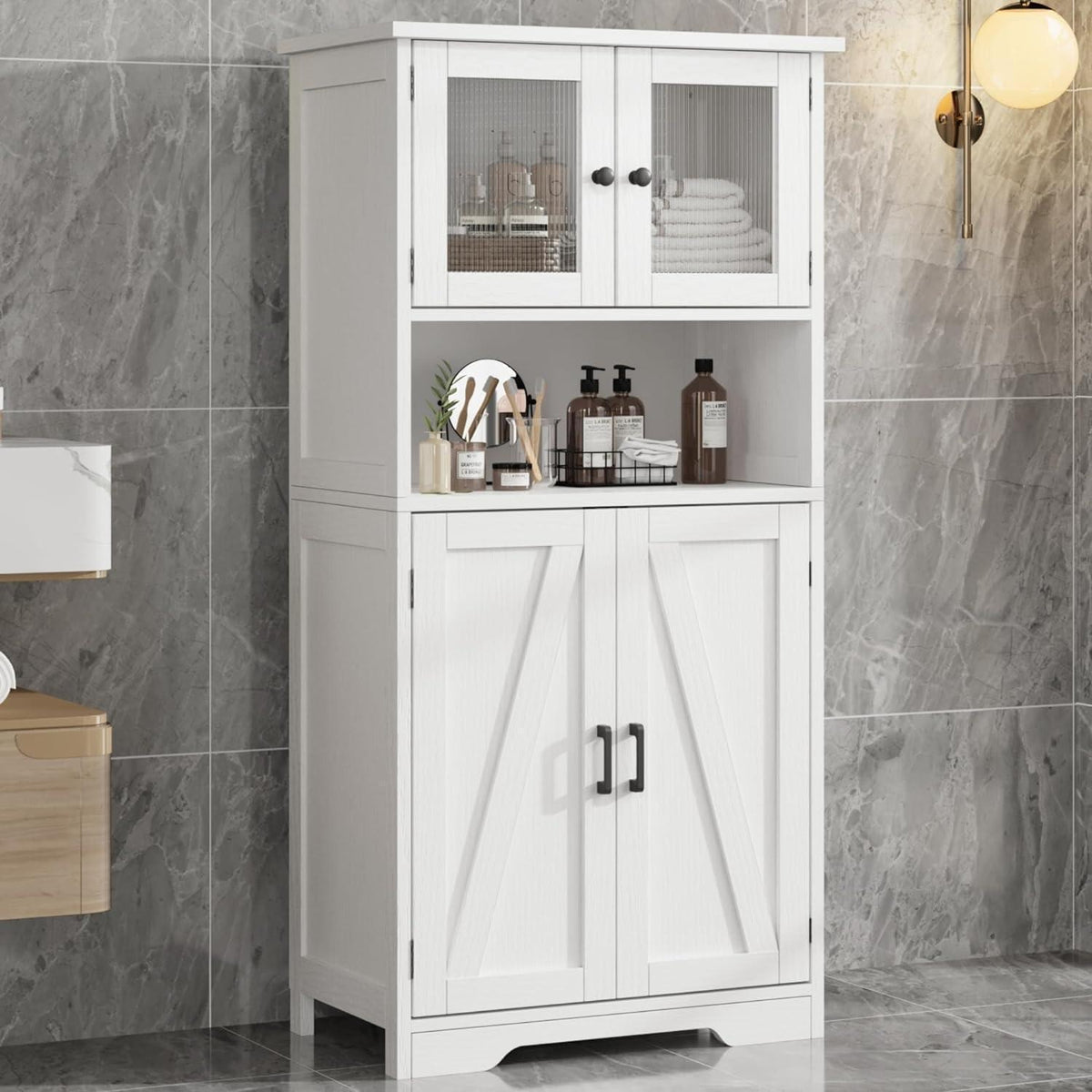 Weißer Hochschrank mit Glastüren & Regalen – 60x30x128cm