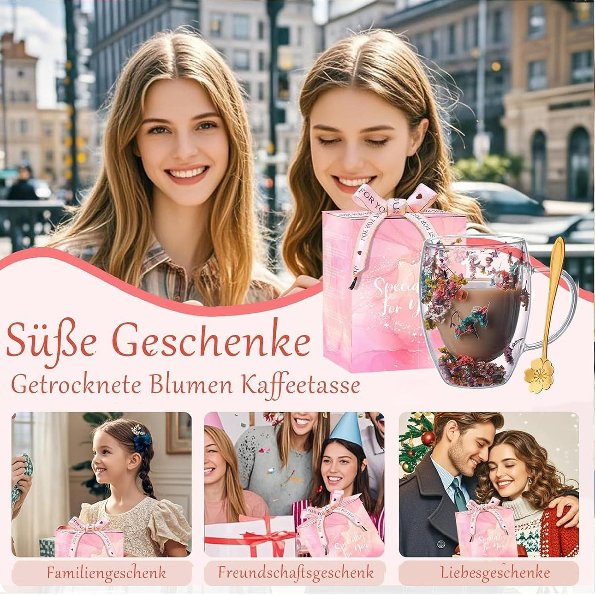 Doppelwandige Kaffeetasse mit getrockneten Blumen – Teetasse mit Griff
