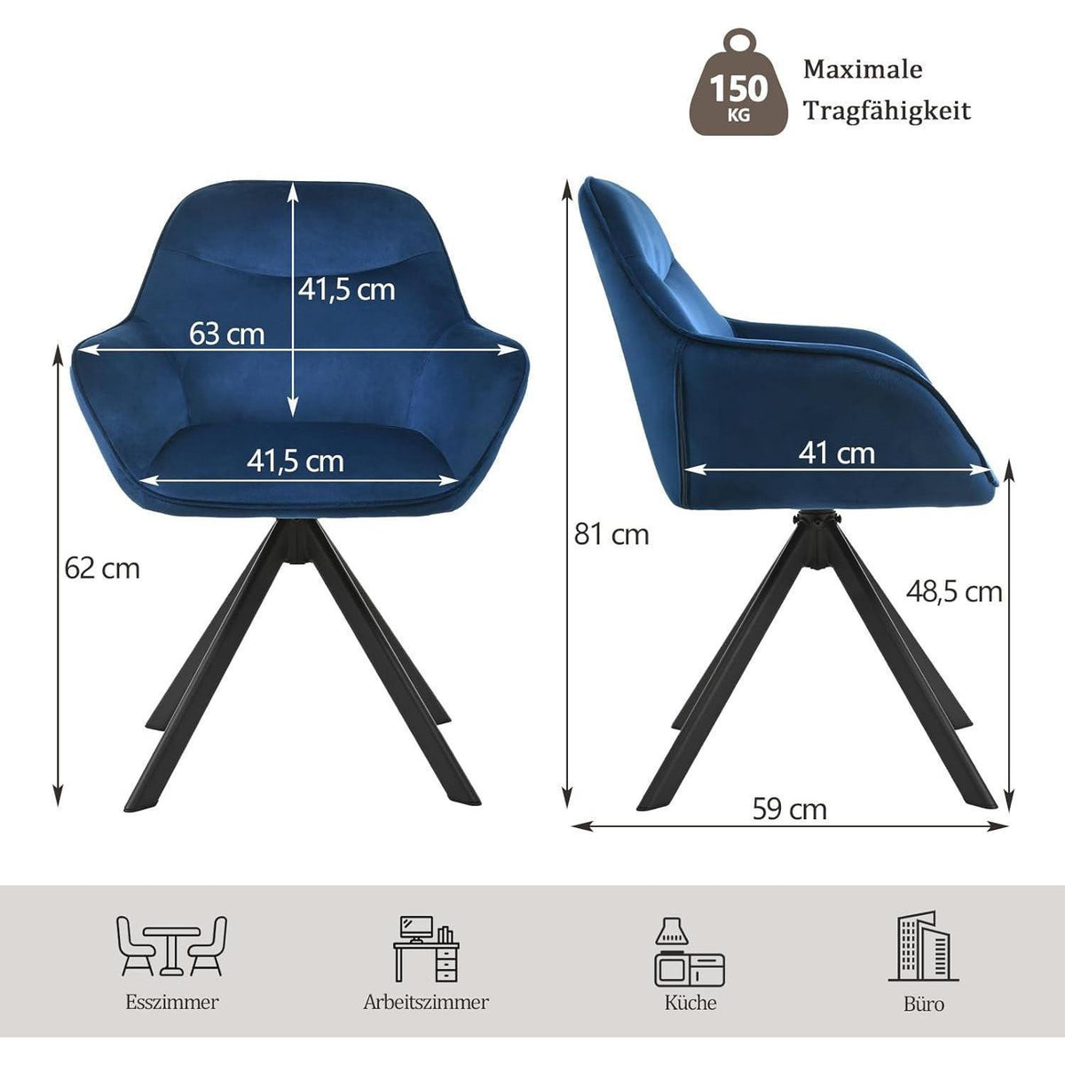 Drehbarer Esszimmerstuhl mit Armlehnen, Samt, Dunkelblau 2er Set