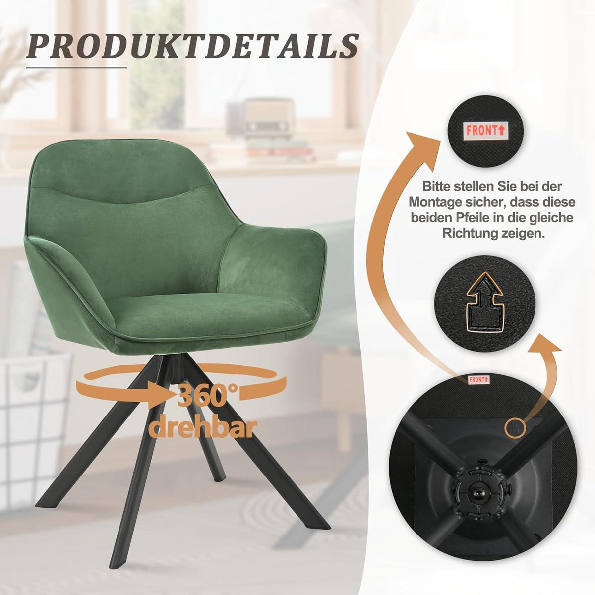 Drehstuhl Esszimmer 4er Set Samt Grün mit Armlehne
