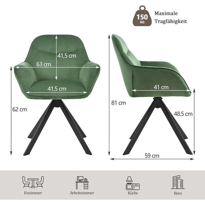 Drehbarer Esszimmerstuhl Set 6er, Samt Grün mit Armlehne