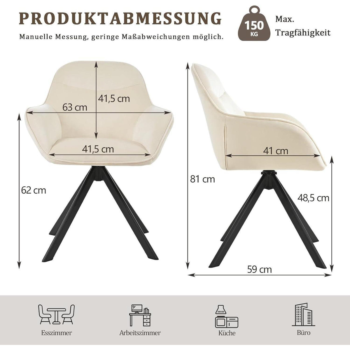 Drehbarer Esszimmerstuhl Set 6er mit Armlehnen, Cremeweiß