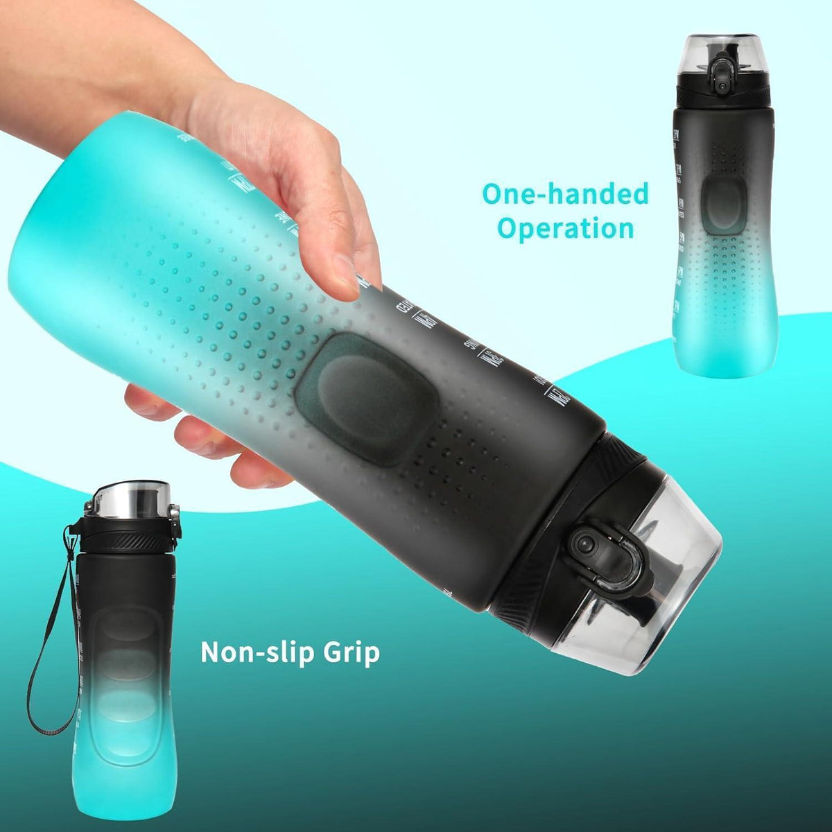 Motivations-Trinkflasche mit Zeitmarkierung, 750 ml, Schwarz Grün