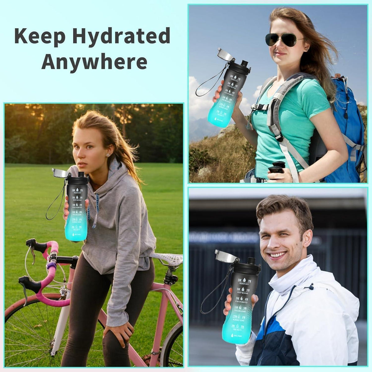 Motivations-Trinkflasche mit Zeitmarkierung, 750 ml, Schwarz Grün