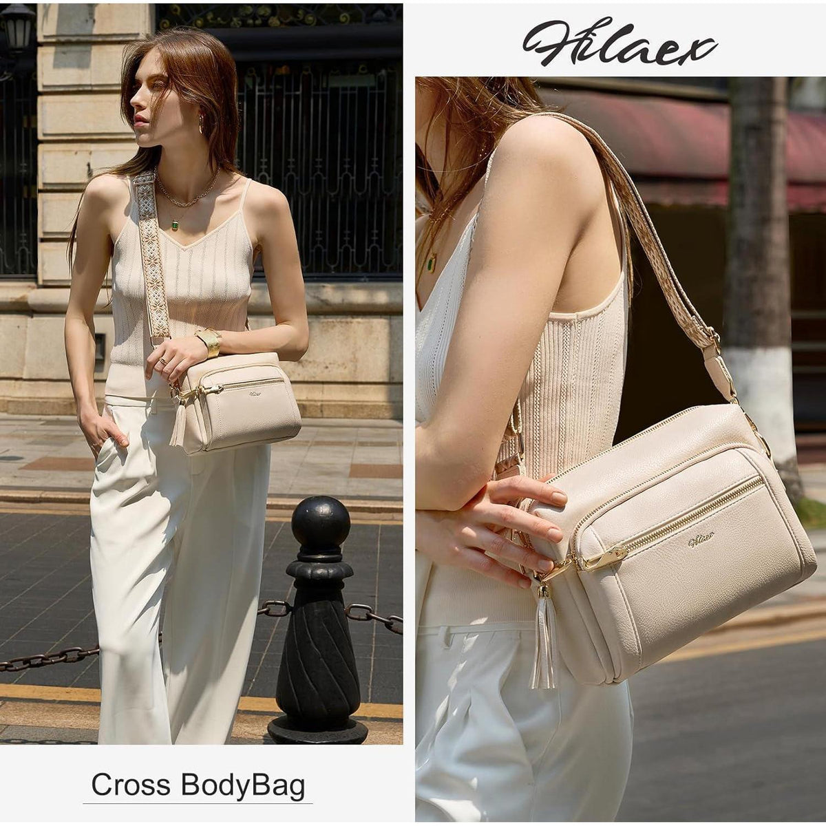 Umhängetasche Damen Mittelgroß mit Anti-Diebstahl, Beige