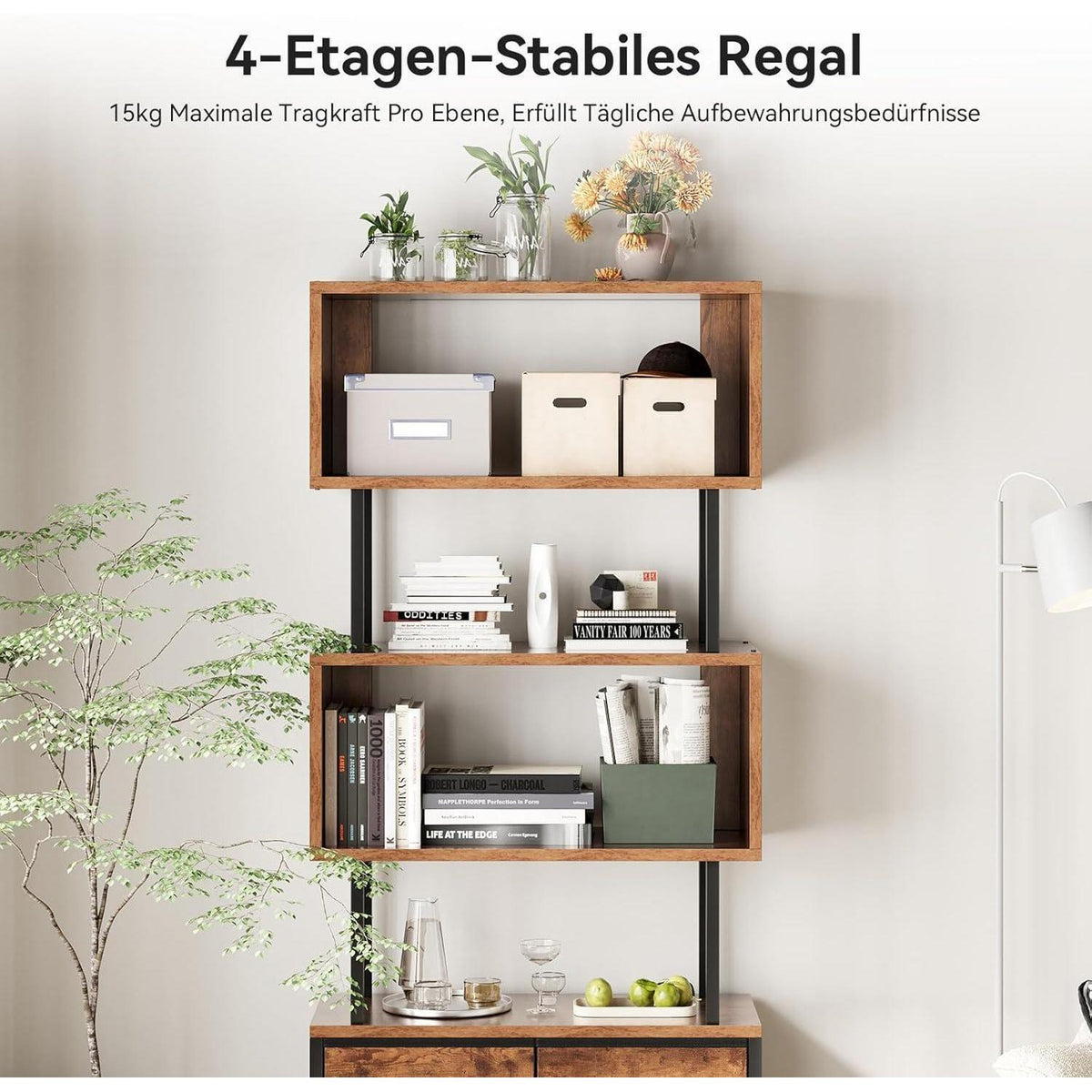 5-Etagen Bücherregal mit Stoffschubladen – Vintage Design