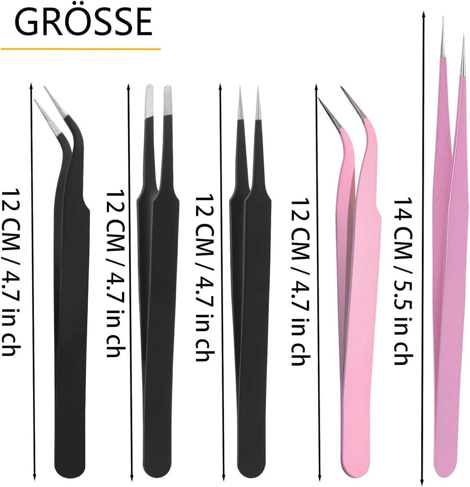 5er Set Präzisions Pinzetten aus rostfreiem Edelstahl, 12cm