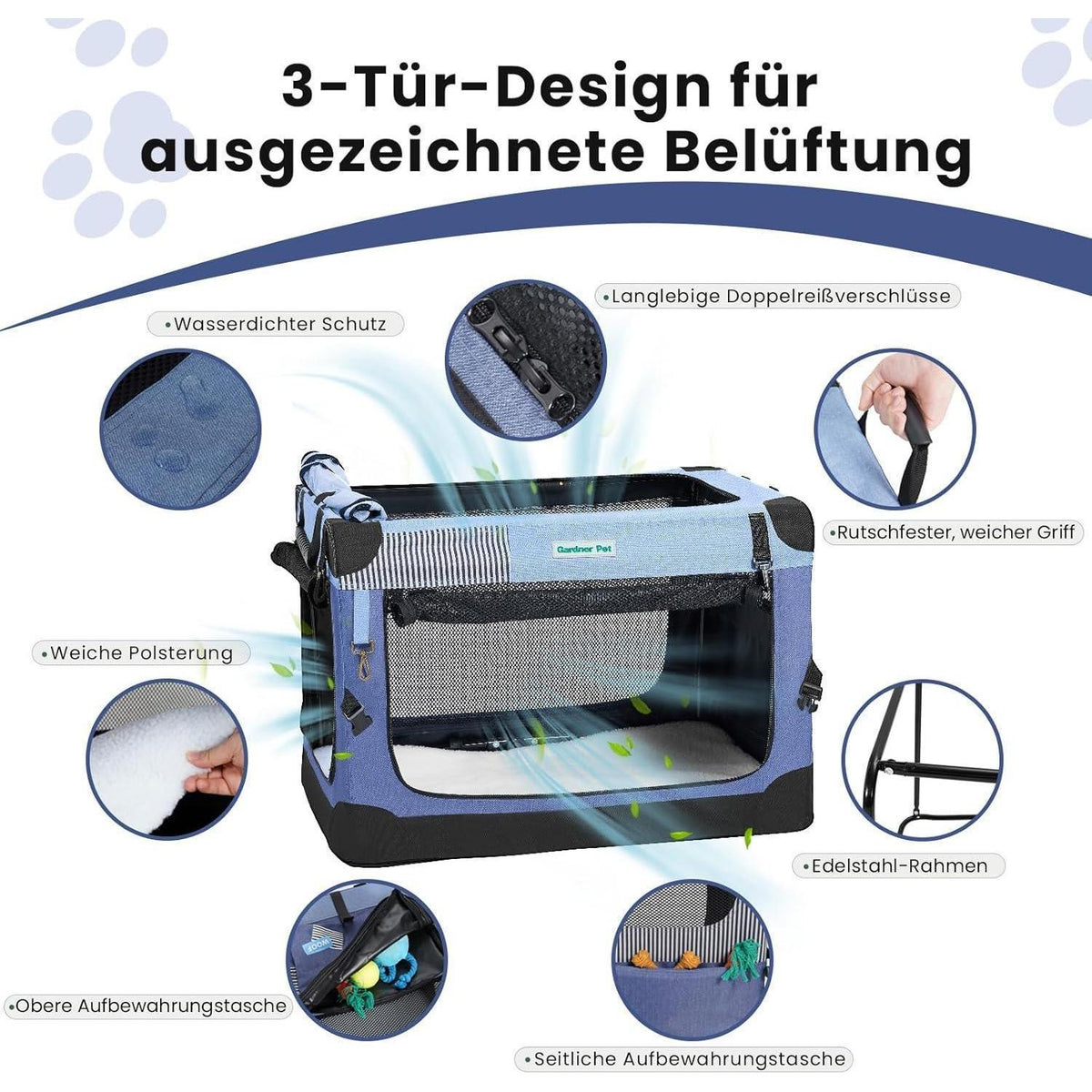 Faltbare Hundebox mit Tragegriffen & Decke – Blau, 66x48x48cm