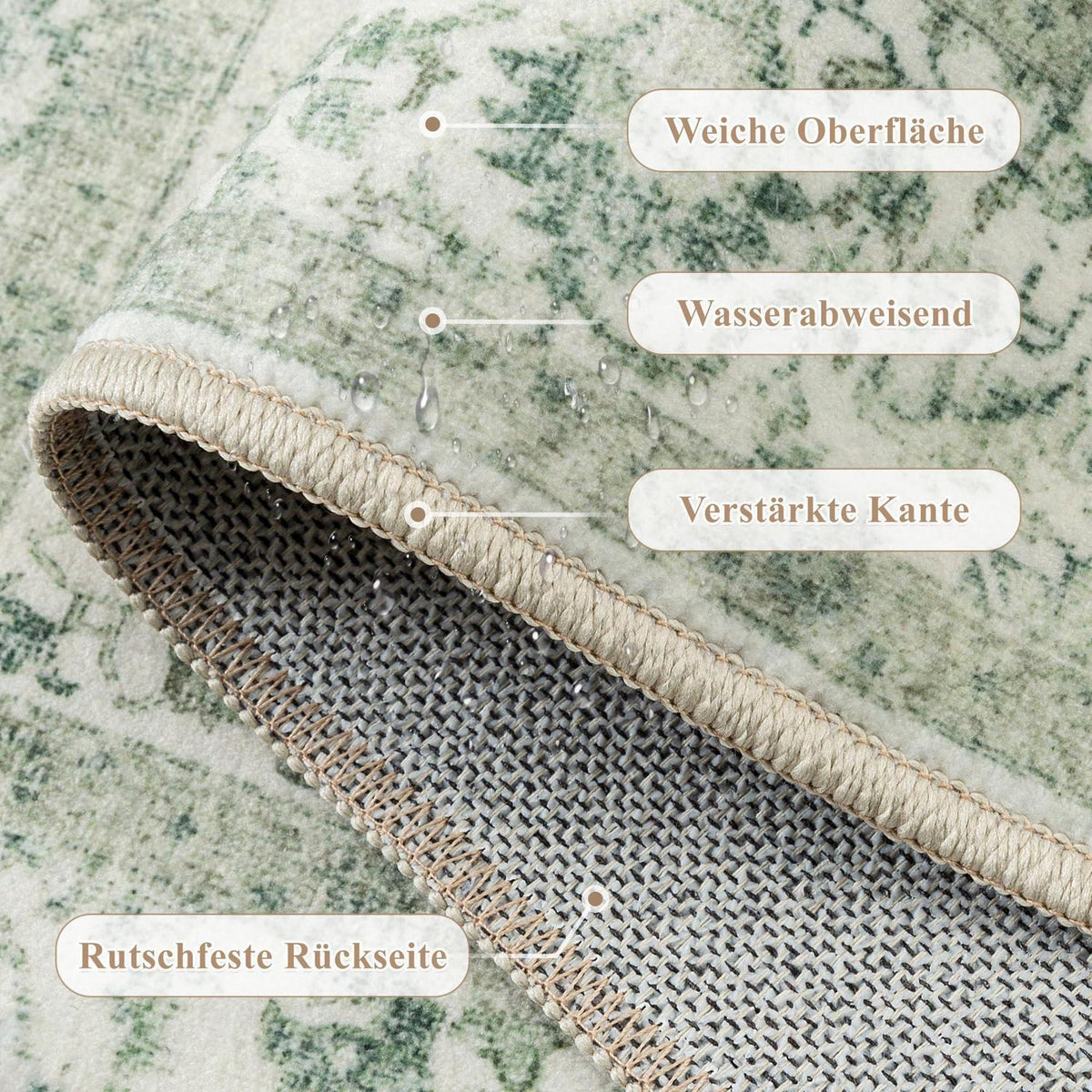 Vintage Teppich Grün 90x150cm Waschbar – Wohnzimmer Teppich