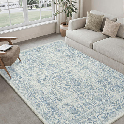 Vintage Teppich Blau 150x210cm Waschbar – Wohnzimmer Teppich
