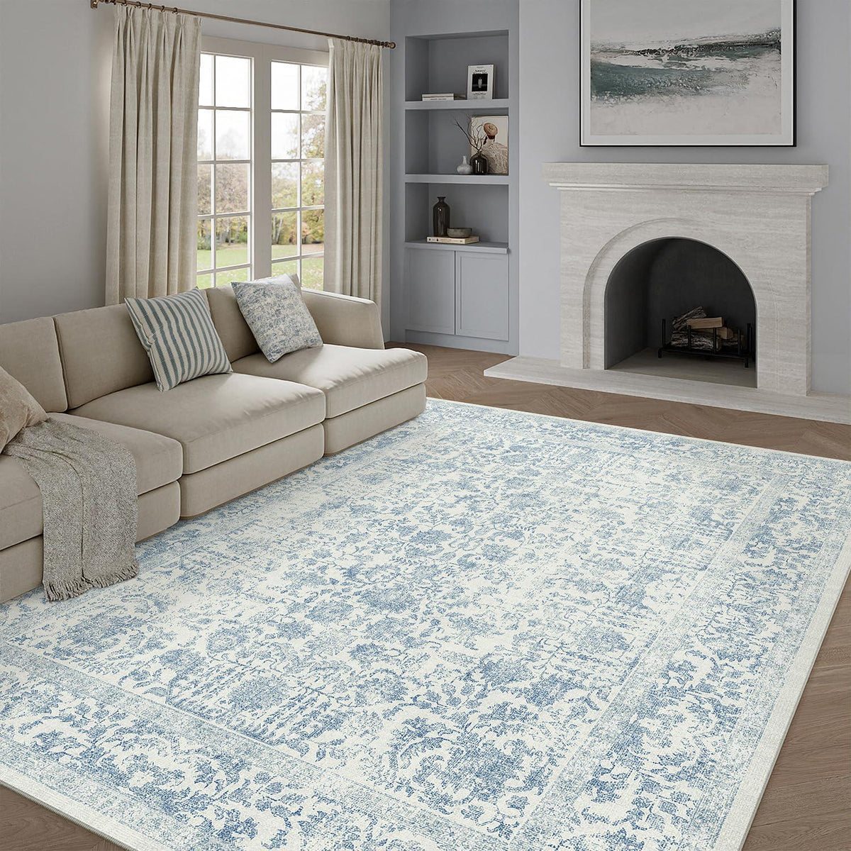 Vintage Teppich Blau 240x300cm Waschbar – Wohnzimmer Teppich