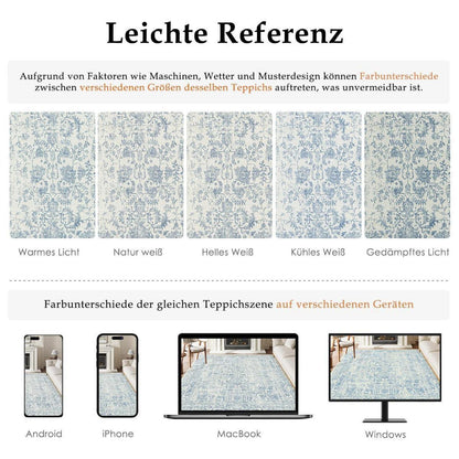 Vintage Teppich Blau 90x150cm Waschbar – Wohnzimmer Teppich