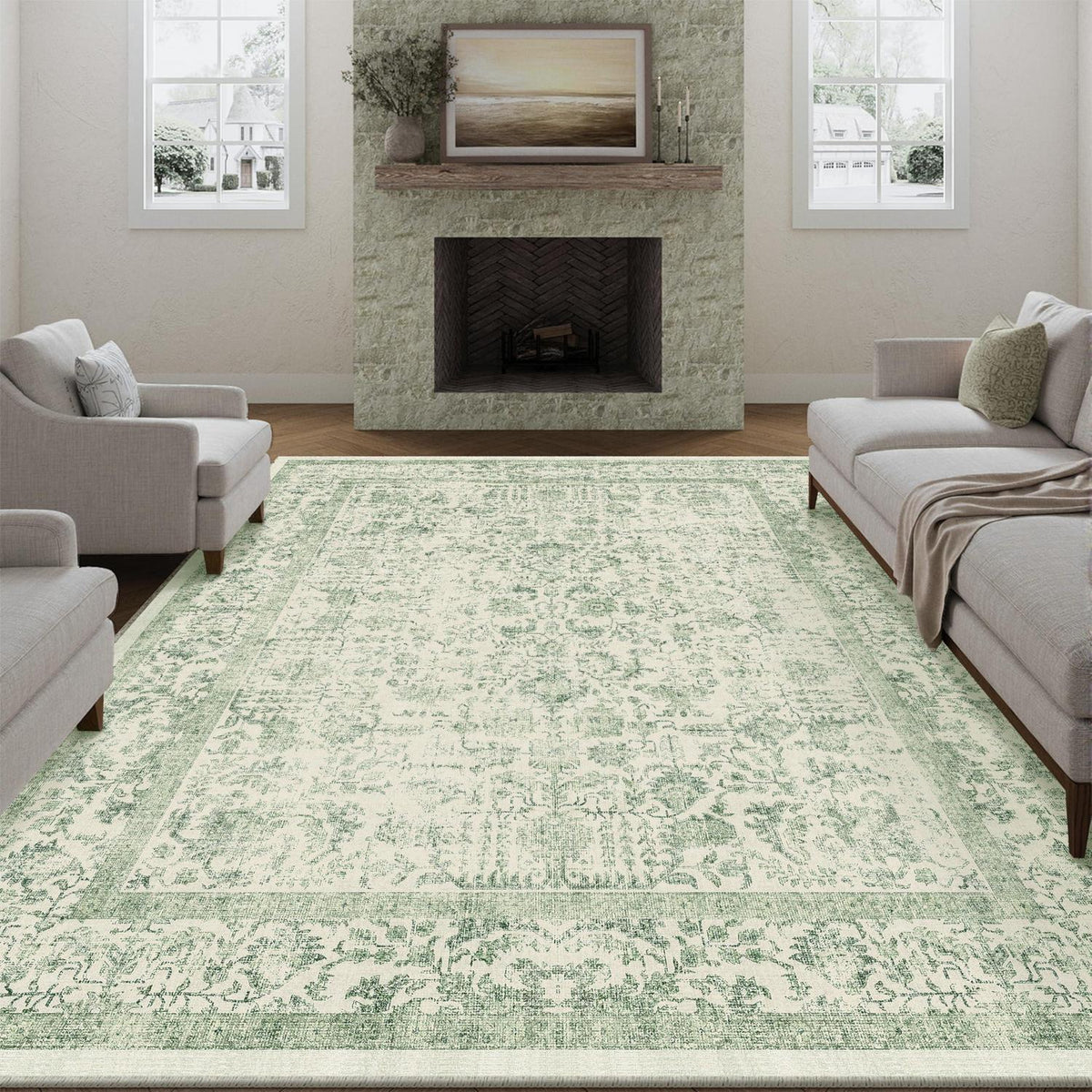 Vintage Teppich Grün 240x300cm Waschbar – Wohnzimmer Teppich