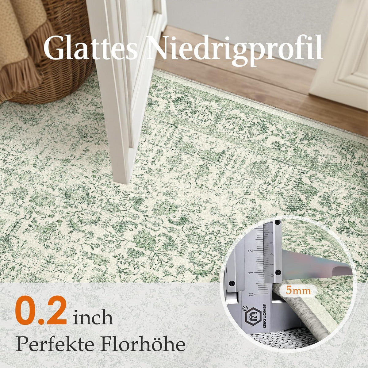 Vintage Teppich Grün 240x300cm Waschbar – Wohnzimmer Teppich