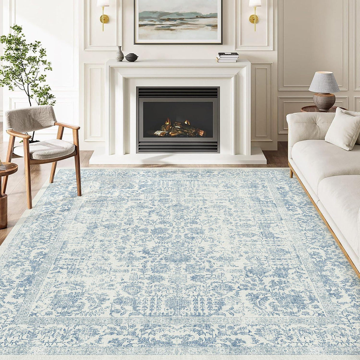 Vintage Teppich Blau 180x270cm Waschbar – Wohnzimmer Teppich
