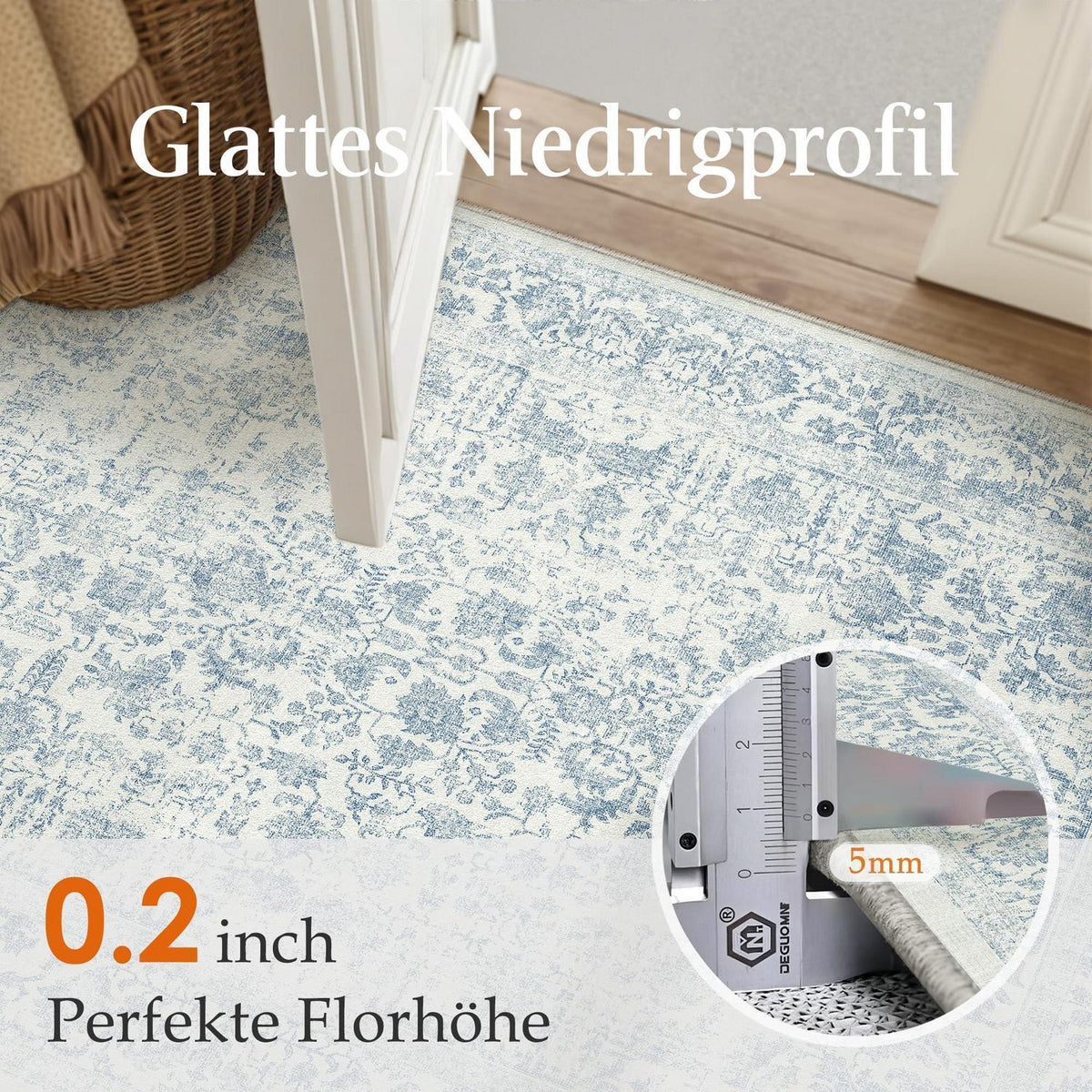 Vintage Teppich Blau 180x270cm Waschbar – Wohnzimmer Teppich