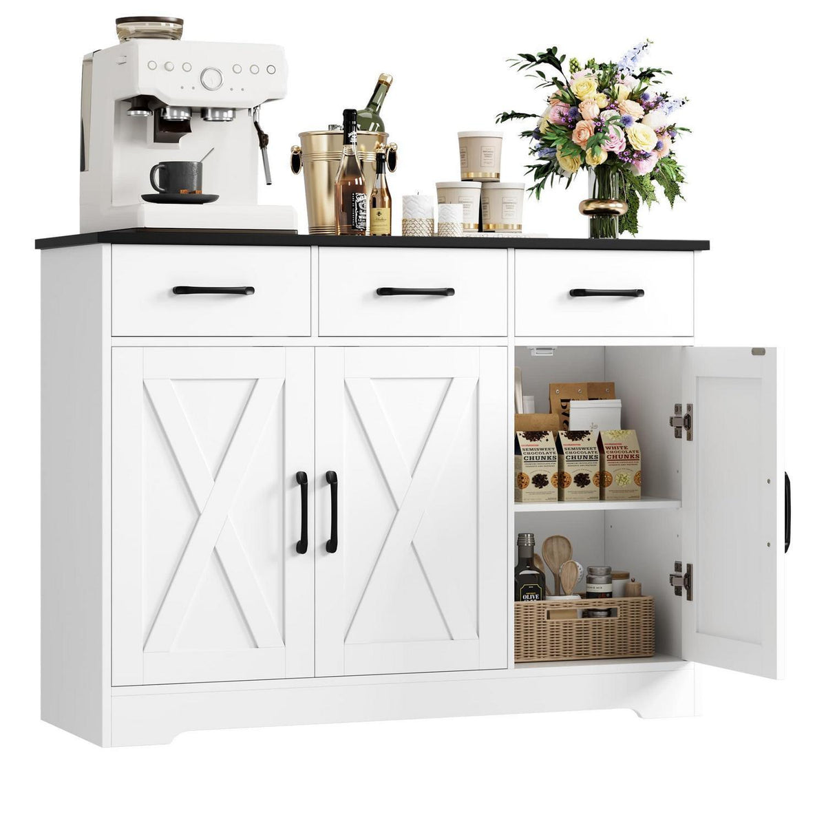 Sideboard mit Schubladen & Türen – Küchenschrank Weiß & Schwarz
