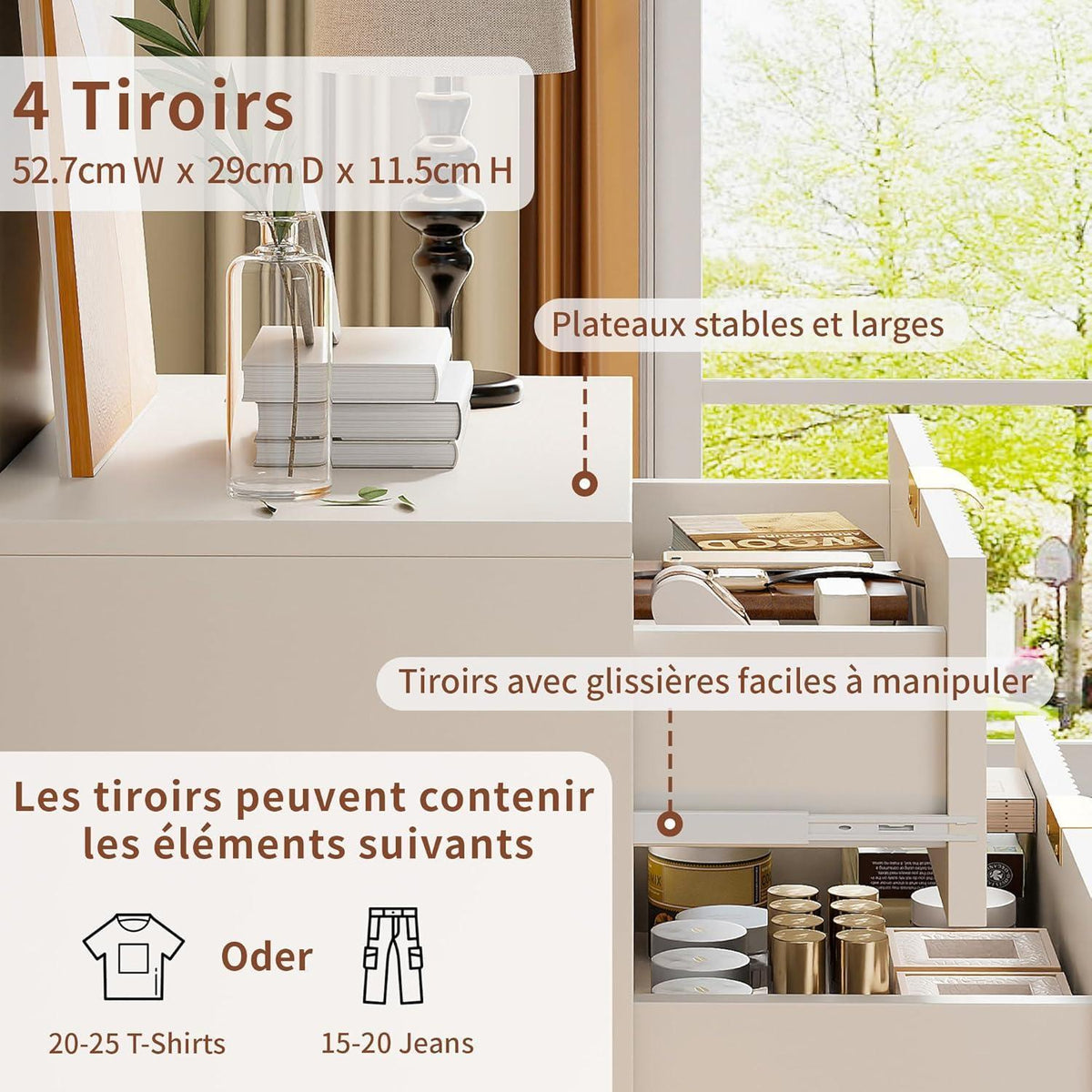 Weißer Schubladenschrank mit Metallfüßen & Griffen