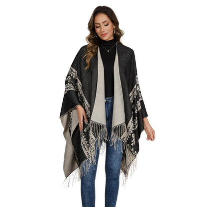 Poncho Damen Schwarz Beige – Kuscheliger Schal & Stola Einheitsgröße