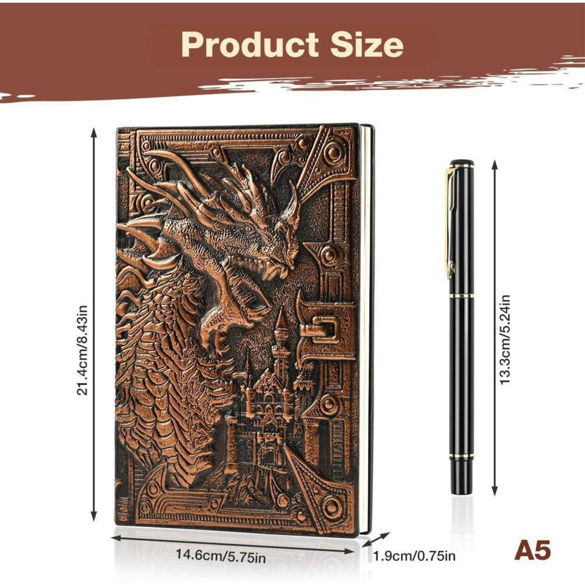 A5 Tagebuch mit Drachen-Prägung & Stift – Vintage Notizbuch