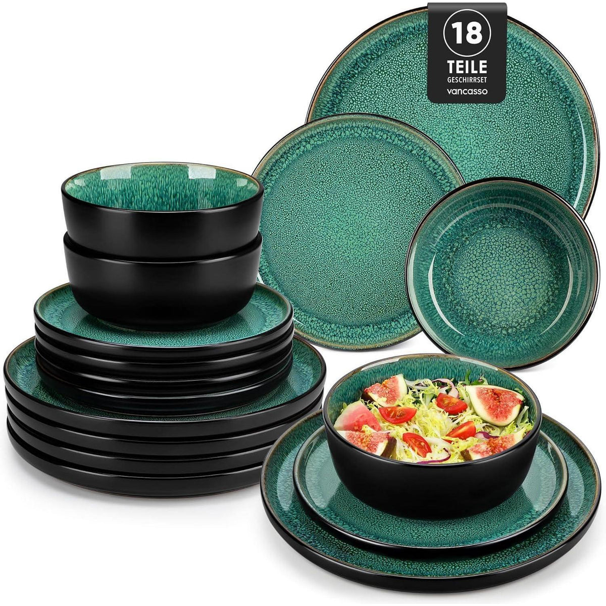 Steingut Geschirrset 18tlg für 6 Personen, Grün, Mediterranes Design