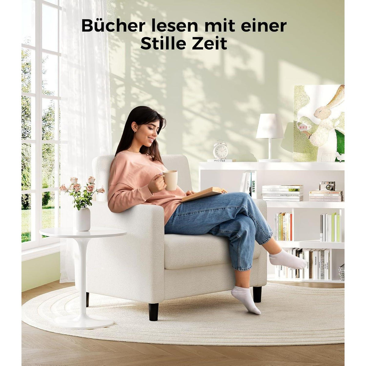 Bequemer Lesesessel Wohnzimmer – 84cm, Beige/Weiß