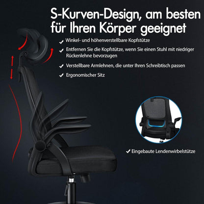 Ergonomischer Bürostuhl mit Lordosenstütze, Kopfstütze und