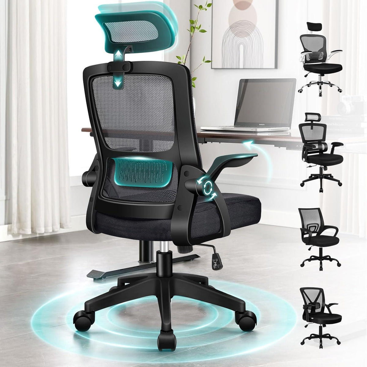 Ergonomischer Bürostuhl mit Lordosenstütze und Armlehnen, Schwarz